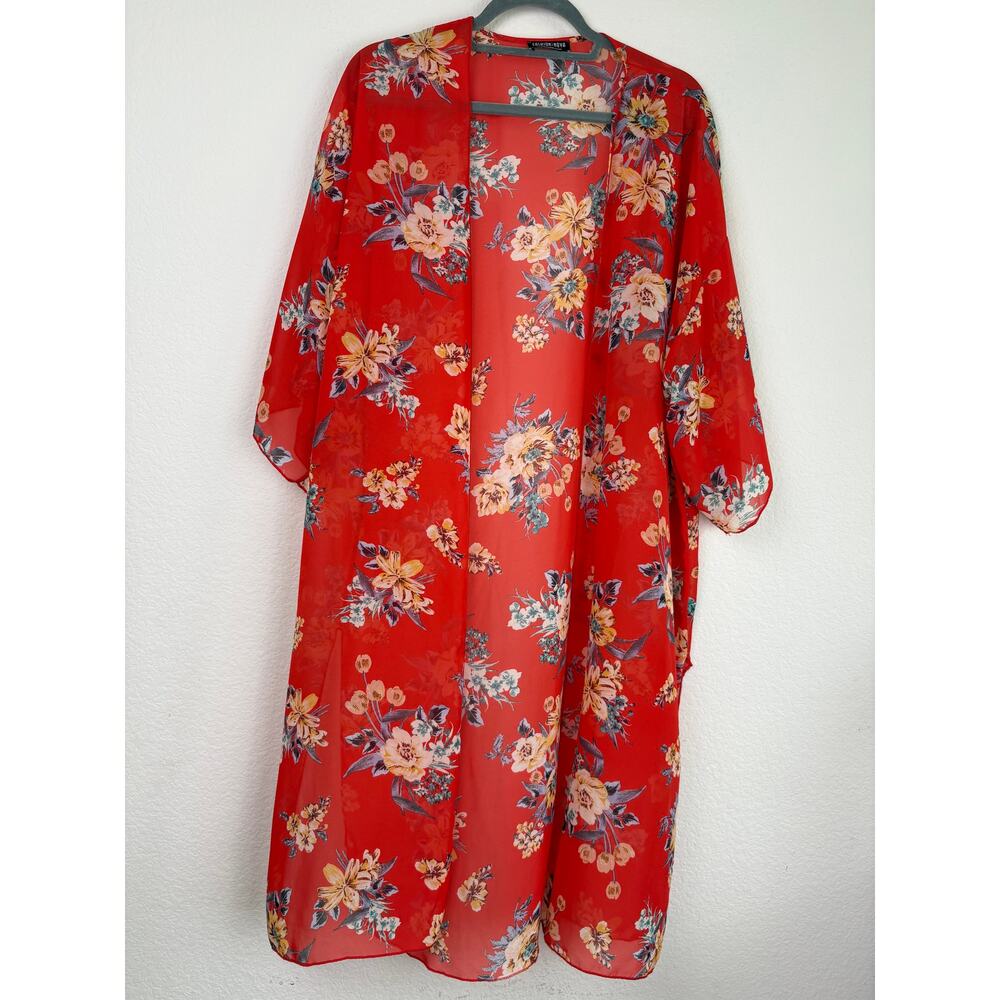 Floral Flowy Beach Coverup Red Sz Small Sheer Boho Floral Kimono Duster Summer